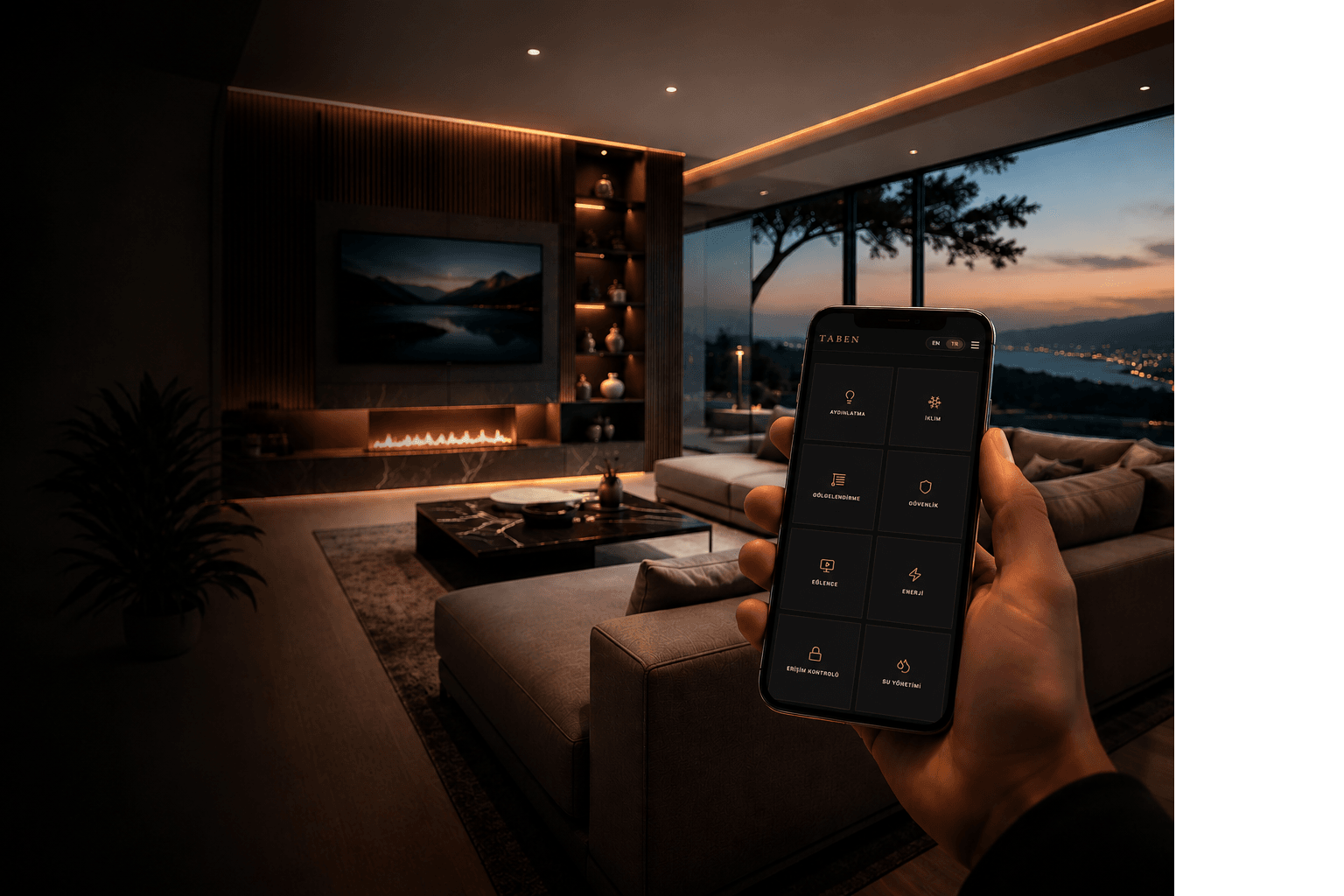 Luxury living room with panoramic lake view at sunset